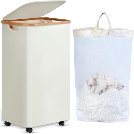 Panier à linge 100L XL avec couvercle, sac intérieur amovible, roulettes, bambou, beige (1/5)