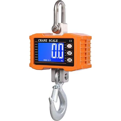 Electronic crane scale 1000 kg, digital backlit LCD display, heavy-duty industrial electronic scale, kg/lb unit switch, data hold, tare, orange (1/5)