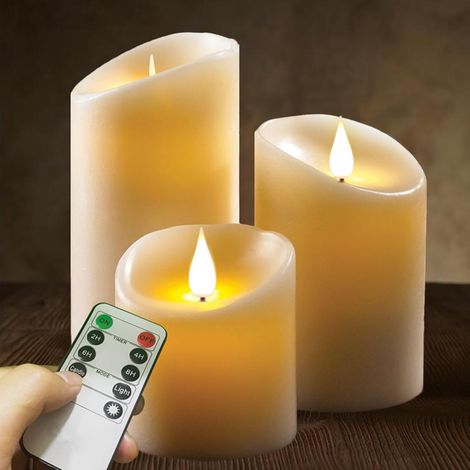 Lot De 3 Bougies LED Flamme Vacillante blanc chaud avec Télécommande, jeu de 3 bougies objets de décoration (10cm, 12.5cm, 15cm) (1/5)