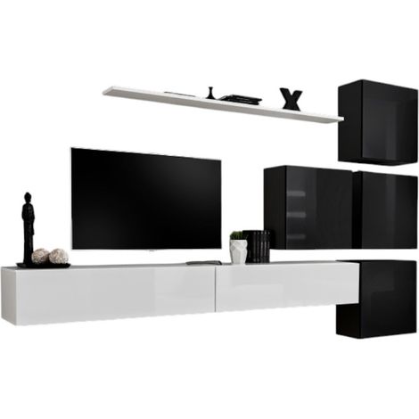 Wohnzimmer-Wandmöbelset SWITCH IX im Design, in glänzendem Weiß und Schwarz.