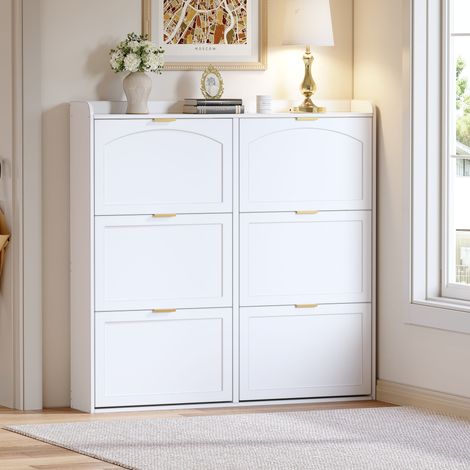 Meuble à chaussures compact 6 casiers rabattables – Armoire haute autoportante pour entrée, couloir ou dressing, fermée, blanc. Dimensions : 120 x 23 x 118 cm. (1/5)