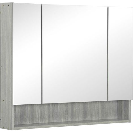 ARMADIETTO CON SPECCHIO A 4 SEZIONI CON RIPIANI REGOLABILI. IN LEGNO E VETRO. 90X15X75 CM. GRIGIO (1/5)