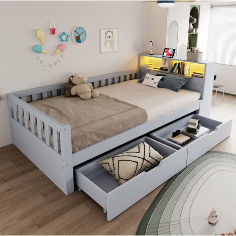 Letto per bambini 90 x 200 cm multifunzione con cassetti, mensole, LED e prese, grigio DESVIAE (1/5)