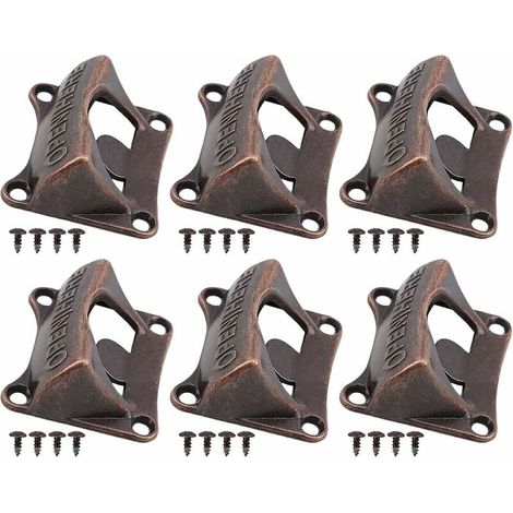Décapsuleur Mural, 6 Pièces Ouvre Bouteille Mural Vintage, Decapsuleur Mural Biere, Ouvre-Bouteilles Mural avec 24 Vis, Pour Bar, Restaurants, Cuisines - bronze rouge (1/5)