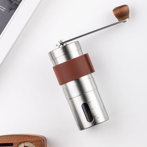Ortviai Moulin à café manuel avec meules en céramique, corps en acier inoxydable 304 et support en bois, réglable (1/4)