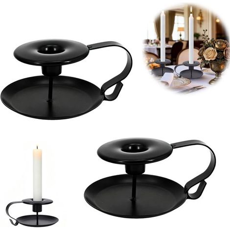 Lot de 2 chandeliers noirs en fer avec poignée, avec poignées. Convient aux bougies en acier. Dimensions : 13 cm x 6 cm. Idéal pour les bougies de table en acier et la décoration intérieure. (1/5)