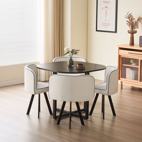 Penelope 90cm Square Table Top BLACK with 4 White Chairs
