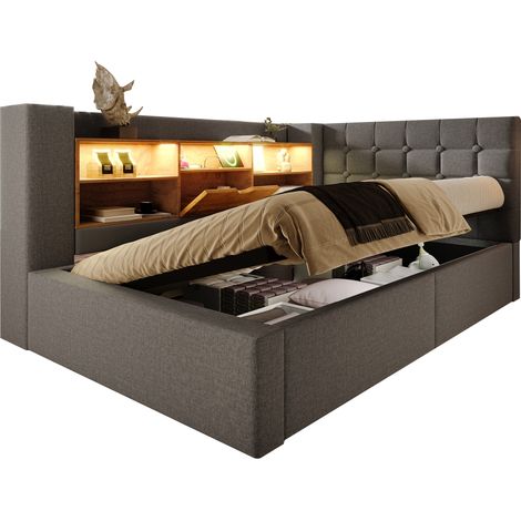 Lit capitonné simple 90x190 avec LED, coffre hydraulique, tête de lit en L avec rangement, réversible, sommier, lin gris, matelas non inclus, pour chambre ado (1/5)