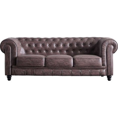 Sofá 3 plazas Chesterfield tapizado en símil piel imitación cuero viejo,211 cm(ancho) 75 cm(altura) 84 cm(fondo). (1/2)