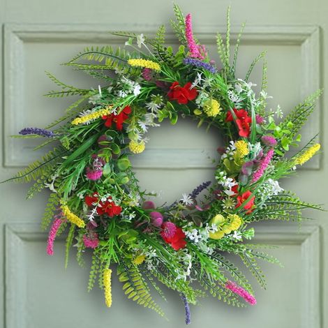 Guirlande Printanière Artificielle - 45 cm - Fleurs Colorées et Fougères - Décoration Porte Mur Intérieur Extérieur - 1 Pièce (1/4)