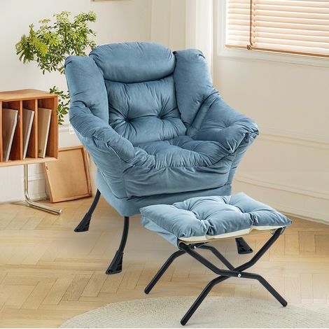 Fauteuil de détente bleu clair en métal avec repose-pieds pliable et poche latérale (1/4)