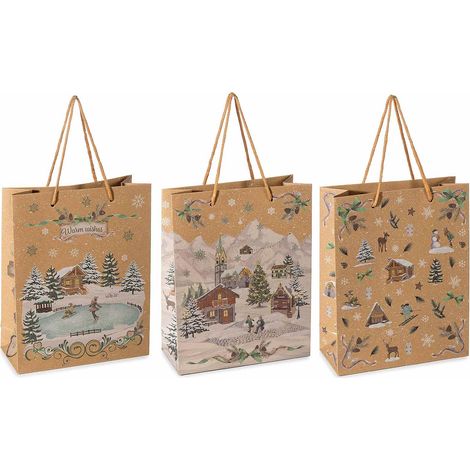 Sacchetti / buste medie in carta kraft con stampa paesaggio natalizio con manici, set da 48 pezzi, cm 19 x 8 x 24 H