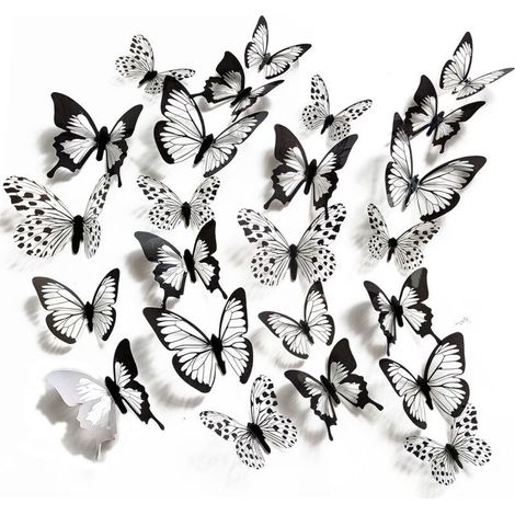 24PCS 3d simulation en trois dimensions noir et blanc motif papillon stickers muraux événement fête salon chambre armoire décoratif stickers muraux