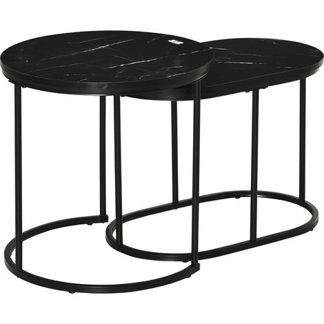 HOMCOM Set 2 Tavolini Bassi con Piano Effetto Marmo in MDF e Acciaio Nero