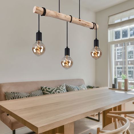Hängelampe Holzlampe Strahler Deckenlampe schwarz Pendelleuchte 3 Flammig, Metall naturfarben, zum Wickeln, 3x E27, LxBxH 60x5x120 cm (1/5)
