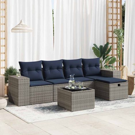 Set de muebles de jardín 6 pzas y cojines ratán sintético gris vidaXL (1/5)