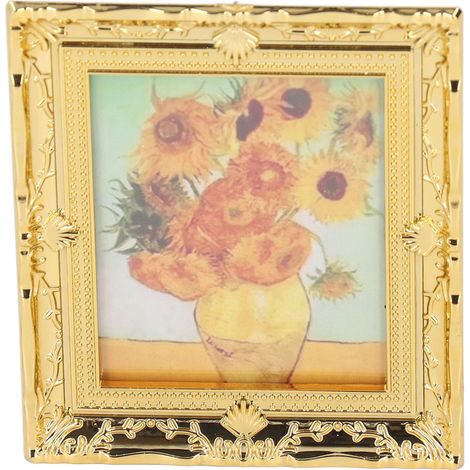 Peinture miniature tournesol pour maison de poupée 1:12, cadre doré artisanal, décoration chambre fille (1/5)