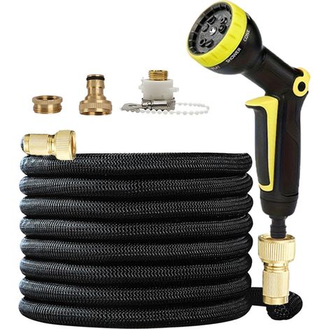 Tubo da giardino estensibile da 15 m (50 piedi) - Pistola a spruzzo gialla e nera, tubo intrecciato nero, kit completo-lsw (1/3)
