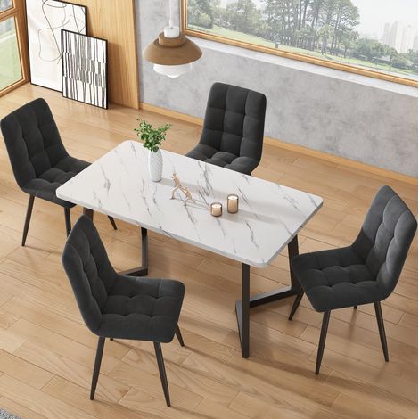 Mesa de comedor 117x68x75 cm blanca y negra en MDF con acabado mármol y patas metálicas modernas (1/5)