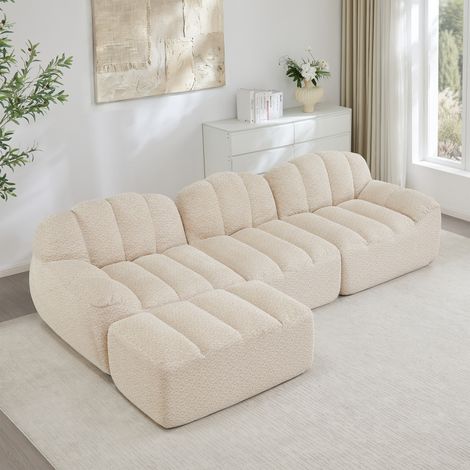 Canapé modulaire 3 places, Canapé d'angle en L sans cadre, forme de coque, 1 pouf, coussins d'assise profonds, aucun assemblage requis, Beige et Blanc (1/5)
