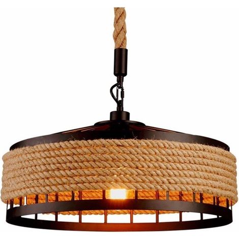 Retro Suspension Luminaire Industriel 40cm Noir , La lumière au plafond en fer Corde de chanvre Vintage Loft Lustre Plafonnier Décoration pour Salon, Cuisine, Restaurant, Bar (1/4)
