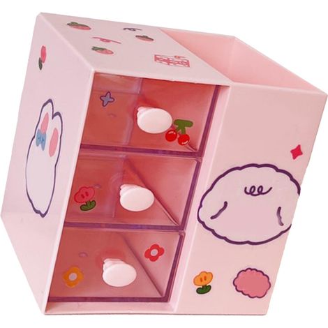 Organiseur de papeterie rose à motif dessin animé mignon, en plastique, avec porte-stylos et autocollants. Idéal pour le bureau, la chambre d'étudiant ou toute autre pièce. (1/5)