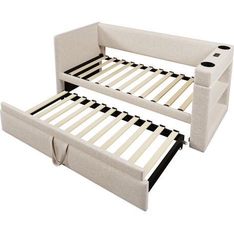 Gepolstertes Tagesbett 90x190 cm mit Ausziehbett, beige, Leinenmix, ohne Matratze (1/5)
