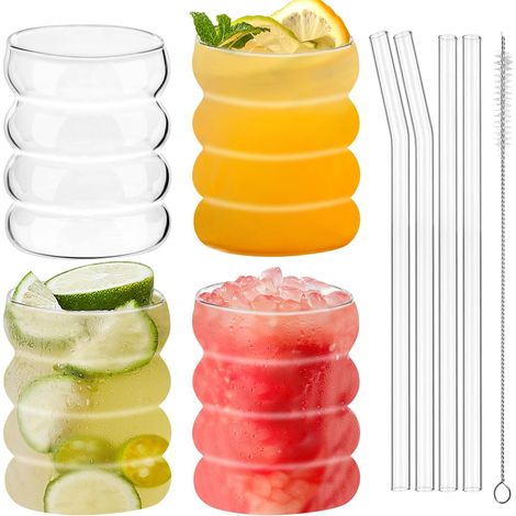 4 Verres Rippés avec Pailles en Verre, Verres Bubble de 350ML, Verre Matcha avec Paille, Verres à Café, Verres à Glace Rippés pour Cocktails, Whisky, Thé, Soda et Café (1/5)