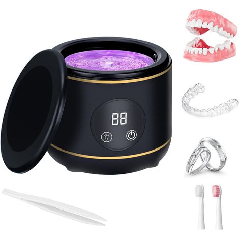 Nettoyeur de retenue à ultrasons UV, 230ML Machine de nettoyage de retenue pour prothèses dentaires, protège dents aligneur tête de brosse bijoux, bracelet montre avec trois modes (Black) (1/5)