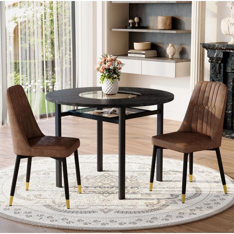 Conjunto de comedor MDF y metal negro con mesa redonda Ø100 cm y 2 sillas tapizadas marrón con patas metálicas (1/5)