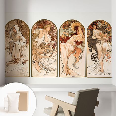 Papier peint intissé mural classique avec imprimé motifs décoratifs design élégant non‑tissé Saisons féminines 104x70 cm (1/5)