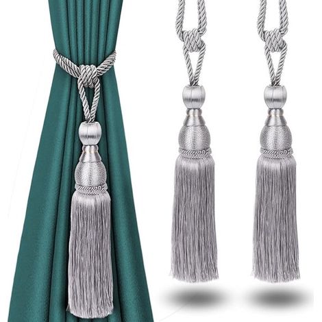 Pinces à rideaux décoratives avec pompons - Embrasses de luxe à pompons pour la décoration de fenêtres - Lot de 2 argentées (1/5)