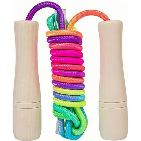 Corde à Sauter Arc-en-ciel pour Enfants,Corde a Sauter Sport,Corde a Sauter pour Plusieurs Joueurs,Cordes à Sauter Réglables avec Poignée en Bois pour Fitness,Sport,Filles,Garçons(2.5M) (1/5)