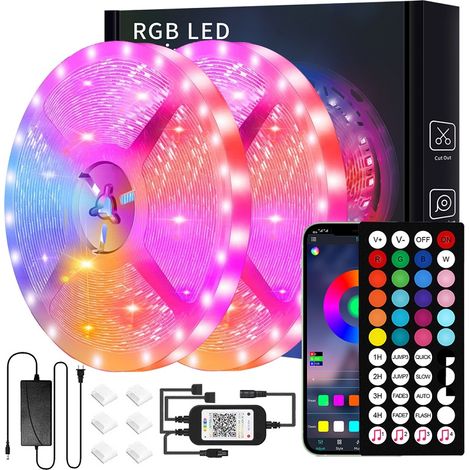 20 m LED-Streifen (10 m x 2), Bluetooth-LED-Streifen 5050 RGB, Steuerung über Smartphone-App und Fernbedienung, Synchronisierung mit Musikrhythmus/Timer-Funktion, OUYLAF, mehrfarbig