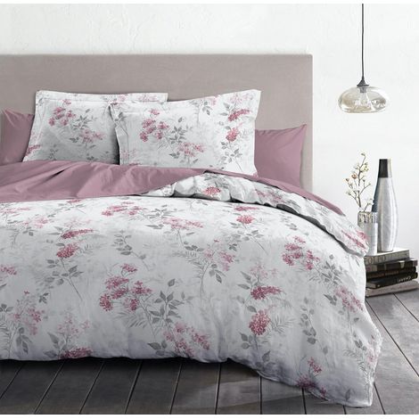 Parure de lit 220x240 cm 100% Coton, Housse de Couette avec 2 taies, Motif Pompadour Blanc et Rose, Douce, Respirante et résistante (1/3)