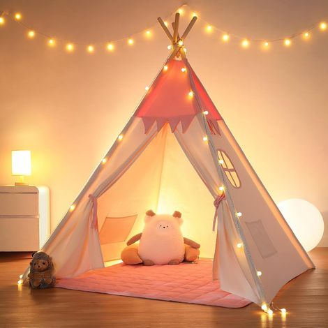 Enfant avec lumière Tapis & fixateur, Cabane Tente tipi Enfant, Grande Tente Pliante pour Bebe, Maison Petit garçon Fille (Rose et Blanc) (1/5)