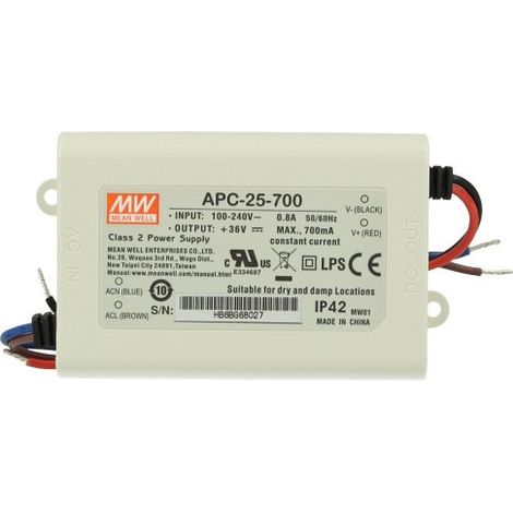 Led Driver CC MeanWell APC-25-700 Trasformatore 700mA 11V-36V DC 25W Corrente Costante IP42