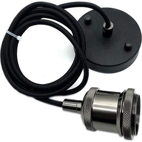 Cordon de suspension tressé - Style industriel rétro moderne, idéal pour les cuisines et les bars - 1 pièce, culot E27, noir réfléchissant (1/3)