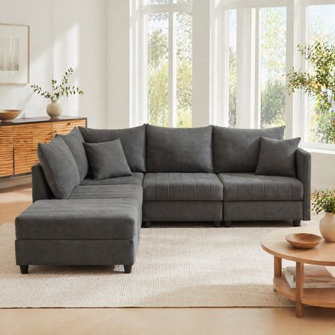 Sofá rinconero modular 5 plazas gris, convertible en L o U, tejido efecto lino, OKWISH (1/5)
