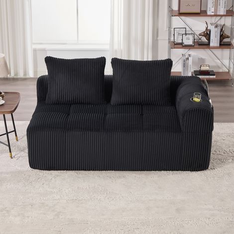 Canapé 2 places en velours côtelé 158 cm, coussins doux, poches latérales, porte-gobelets,Noir (1/5)