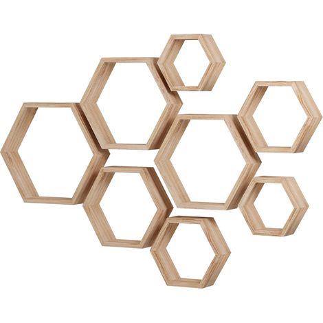 Étagères flottantes hexagonales, étagère hexagonale de rangement murale  Lot de 10 étagères murales en nid d'abeille à suspendre pour salle de bain, cuisine, salon, bureau, bois flotté (1/5)