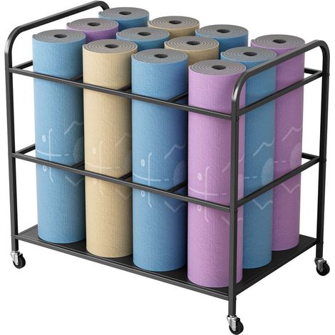 WILITTO Support de Rangement pour Tapis de Yoga - 12 Emplacements, Mobile avec Roues, Robuste, pour Tapis, Rouleaux et Bandes de Résistance, en Métal Noir
