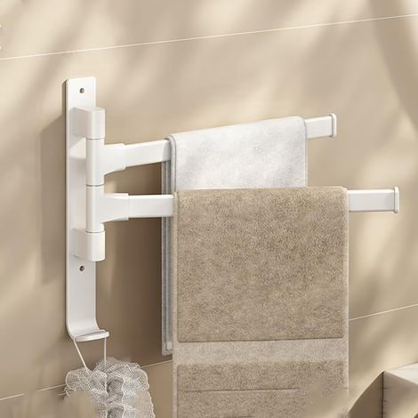 Porte-serviettes mural sans perçage - Pivotant à 180° - 2 bras - Porte-serviettes mural autocollant - Pour cuisine, salle de bain et garde-robe - Blanc (1/5)