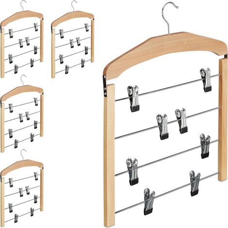 5 x Multiple Trouser Hanger, Wooden Coat Hanger with Rail, Non-Slip Bars, HWD 45.5 x 39 x 2.5, Silver/Natural (1/5)