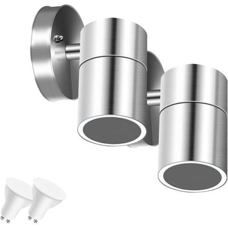 MINKUROW Außenwandleuchte Edelstahl IP65 Wasserdicht Silber Dekorative Sicherheitswandleuchte für Garten mit Gu10 5W LED Birne Kaltweiß 6000K, 2er Pack (1/5)