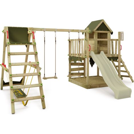 FATMOOSE Spielturm Klettergerüst JazzyJungle mit SurfSwing & Rutsche, Spielhaus mit Sandkasten, Leiter & Spiel-Zubehör - Salbeigrün