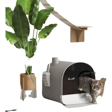 Bac à litière pour chat, porte battante, pelle et filtre inclus, GRIS (1/2)