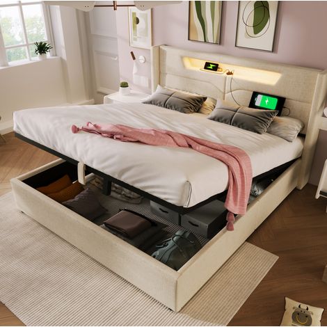 Cama doble con almacenaje LED USB C beige OKMYHOME (1/5)