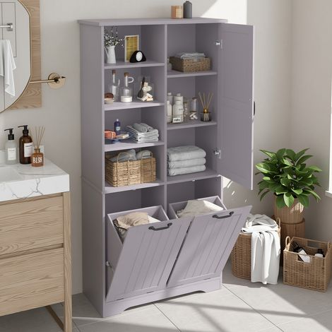 URBAN MEUBLE Colonne de salle de bain laqué grise haute, double paniers à linge et étagères ouvertes 78x35x172cm (1/5)