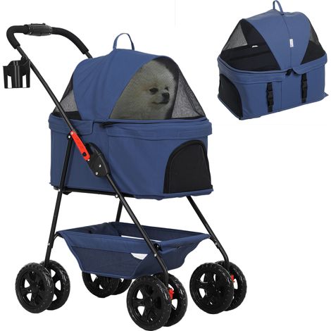 Poussette 3 en 1 pour chiens, bleu, chariot pliant avec sac et panier inférieur, poussette petits chiens et chats laisse et porte-gobelet